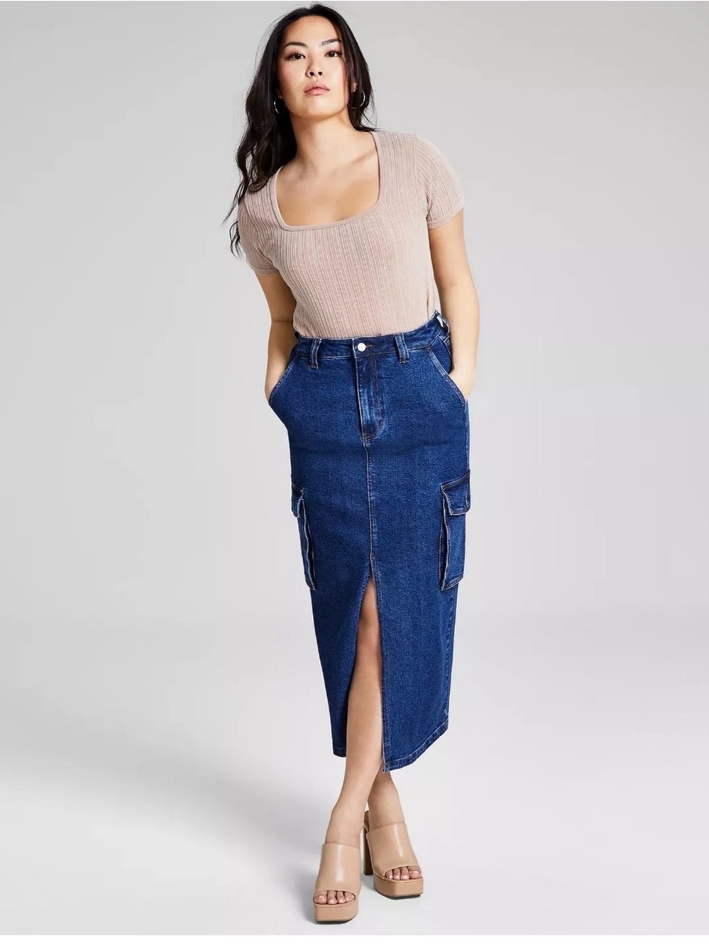 And Now This Dark Wash Cargo Denim Maxi Skirt